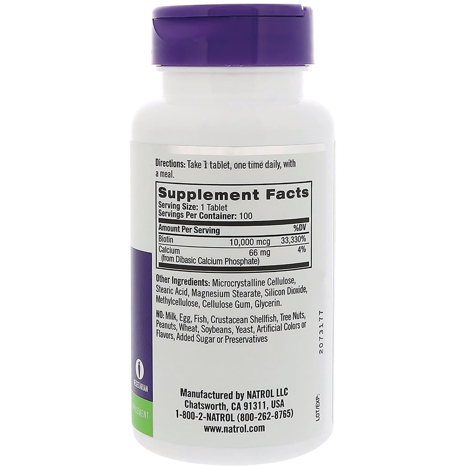 NA503 | back of white supplement bottle showing Supplement Facts panel and ingredient text, purple cap