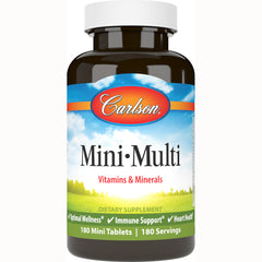 CSN200 | Carlson MiniMulti vitamins & minerals bottle front label, 180 mini tablets