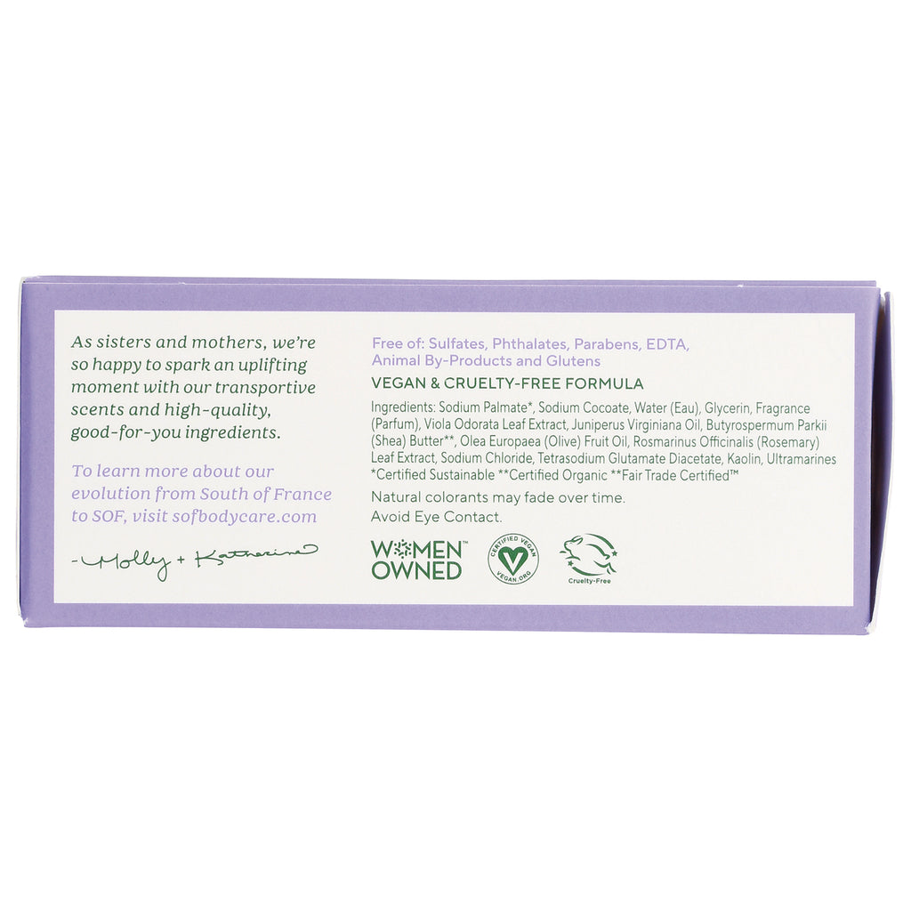 SOF017 | Back of soap box with ingredients and claims: Vegan & Cruelty-Free, Free of sulfates and parabens, Women Owned - Thumbnail