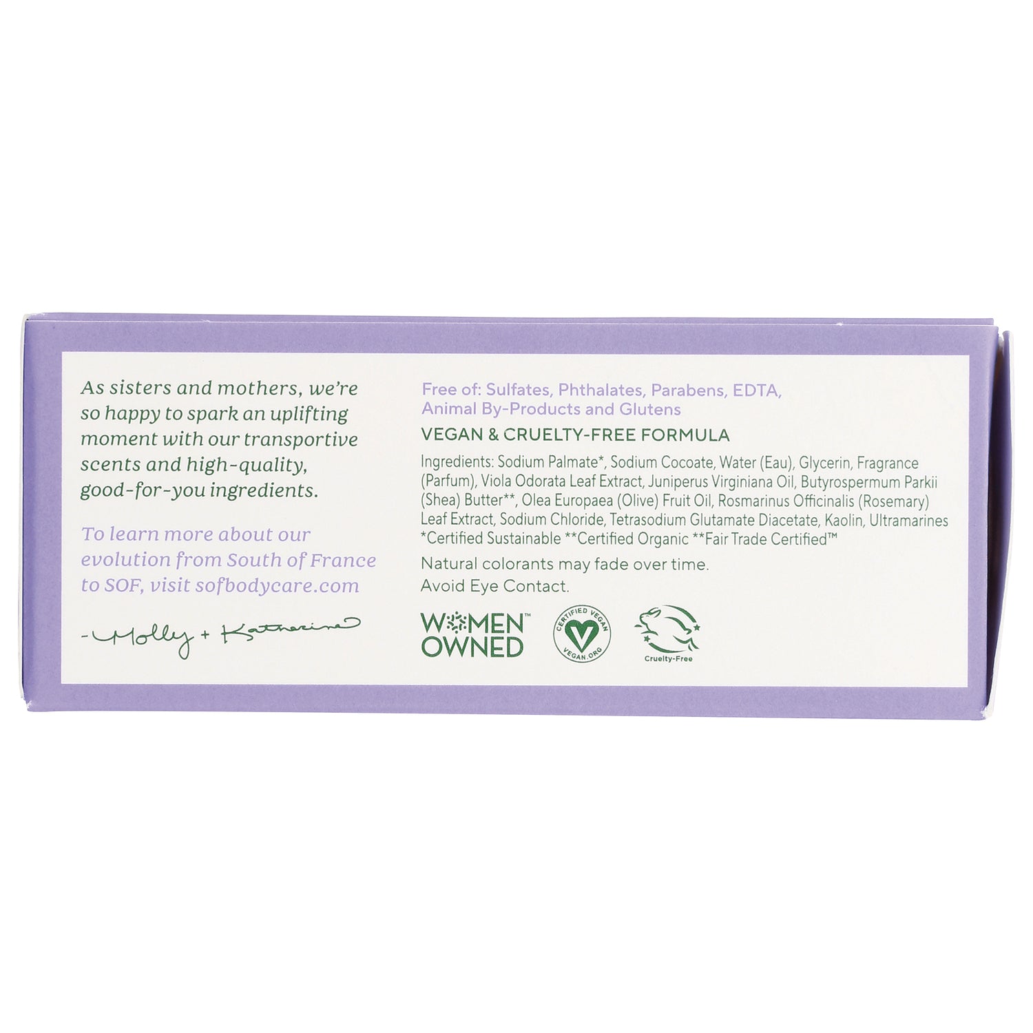 SOF017 | Back of soap box with ingredients and claims: Vegan & Cruelty-Free, Free of sulfates and parabens, Women Owned