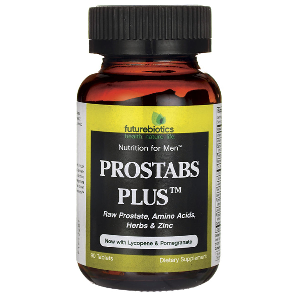 FB060 | PROSTABS PLUS supplement bottle by futurebiotics labeled Raw Prostate, Amino Acids, Herbs & Zinc with Lycopene & Pomegranate, 90 tablets
