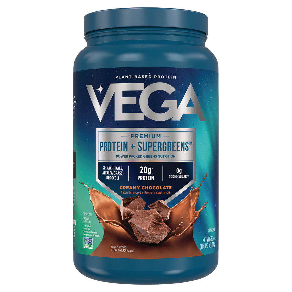 VGA006 | Vega Protein + Supergreens powder, Creamy Chocolate, 20g protein, 0g added sugar, front of container - Thumbnail