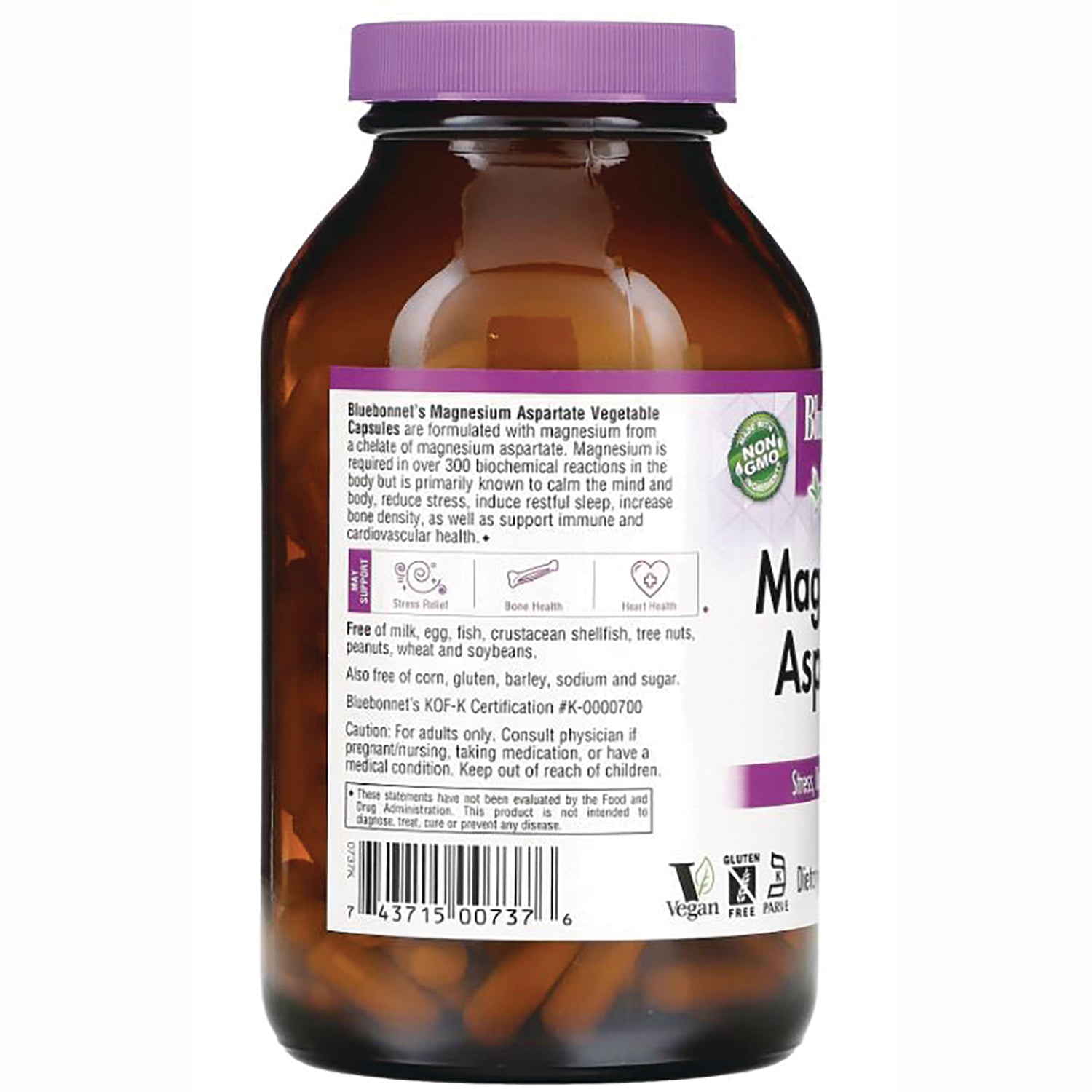 BLU097 | Back label of amber supplement bottle showing ingredients, warnings, icons, barcode and capsules