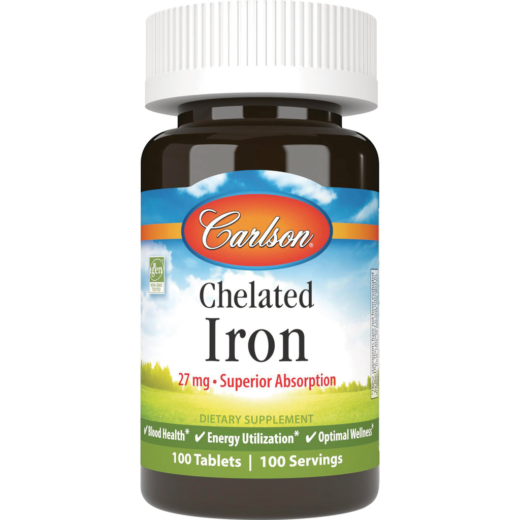 CSN198 | Carlson Chelated Iron dietary supplement bottle, 27 mg, 100 tablets - Thumbnail