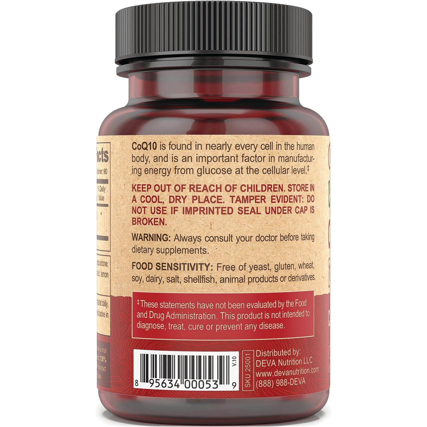DEV037 | back label of brown supplement bottle showing warnings, food sensitivity, FDA disclaimer and barcode
