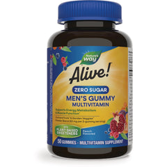NW1061 | Alive! Zero Sugar Men's Gummy multivitamin bottle, 50 peach-flavored gummies with plant-based sweeteners