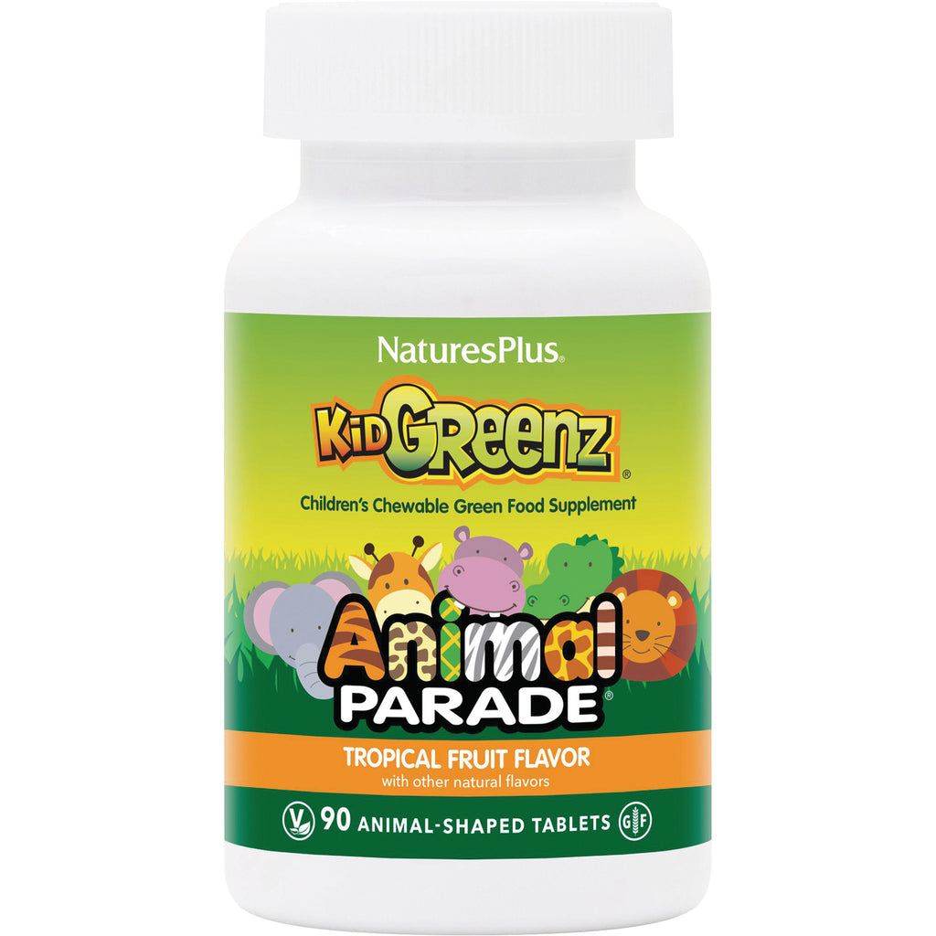 NTP071 | NaturesPlus KidGreenz Animal Parade children's chewable green supplement, tropical fruit flavor bottle with 90 animal-shaped tablets - Thumbnail