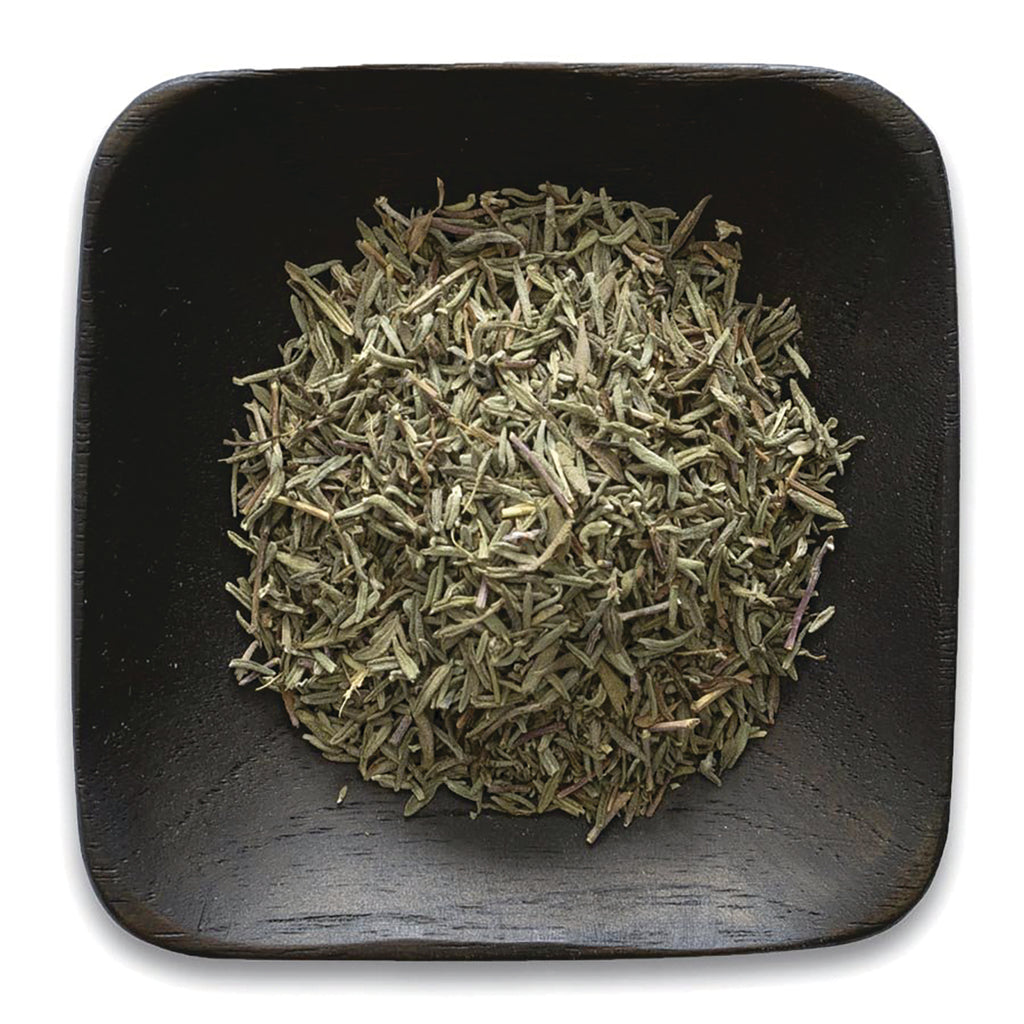 FNP075 | dried thyme leaves in a square black dish, top-down view - Thumbnail