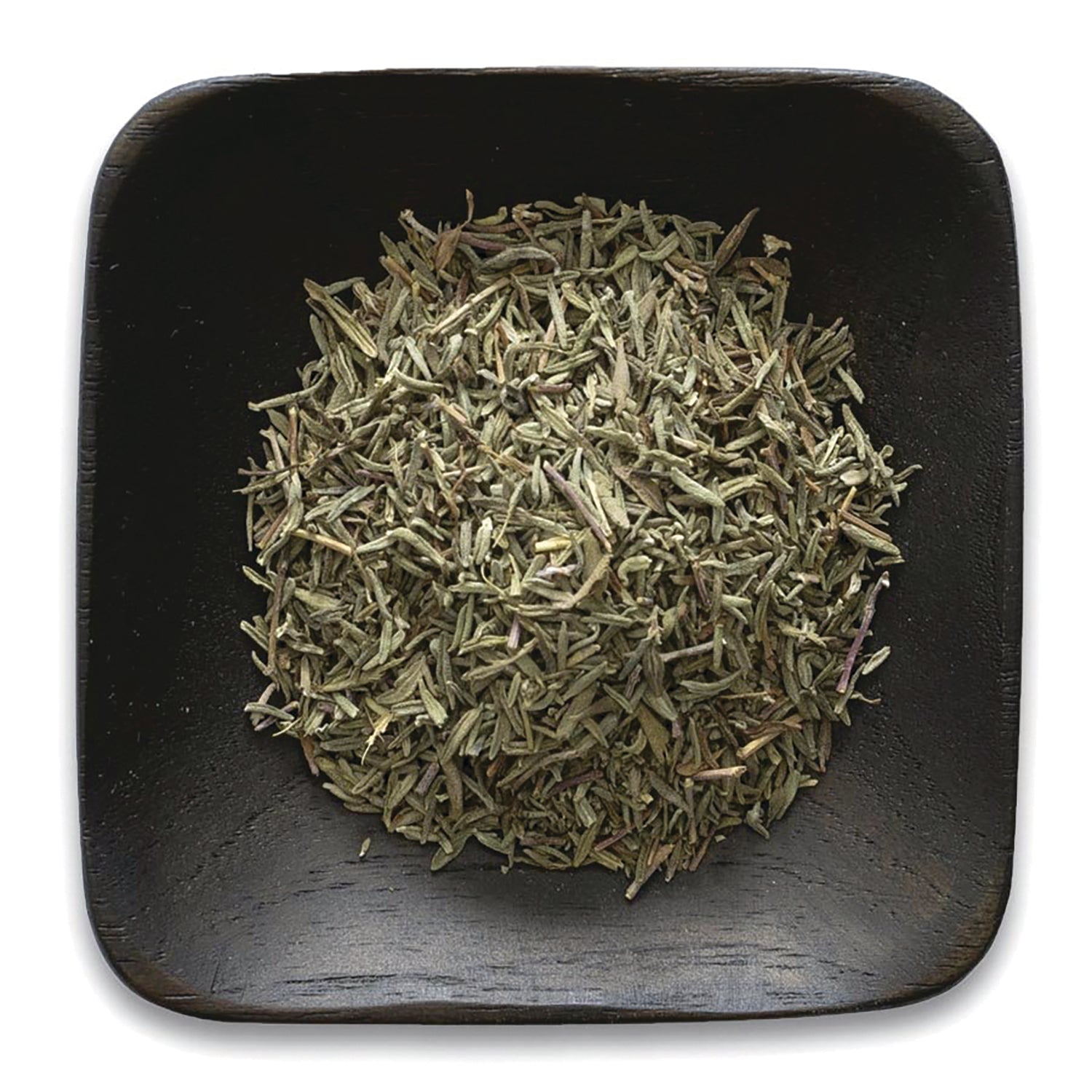 FNP075 | dried thyme leaves in a square black dish, top-down view