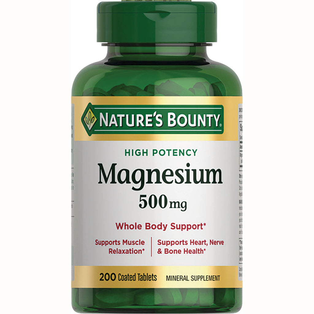 NBY086 | Nature's Bounty Magnesium 500 mg supplement bottle front label showing 200 coated tablets - Thumbnail