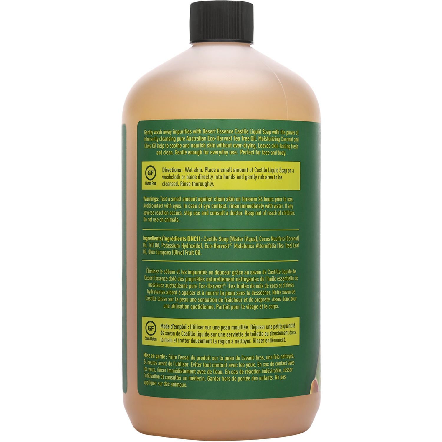 DST072 | back label of amber bottle showing ingredients, directions, and warnings for Castile liquid soap