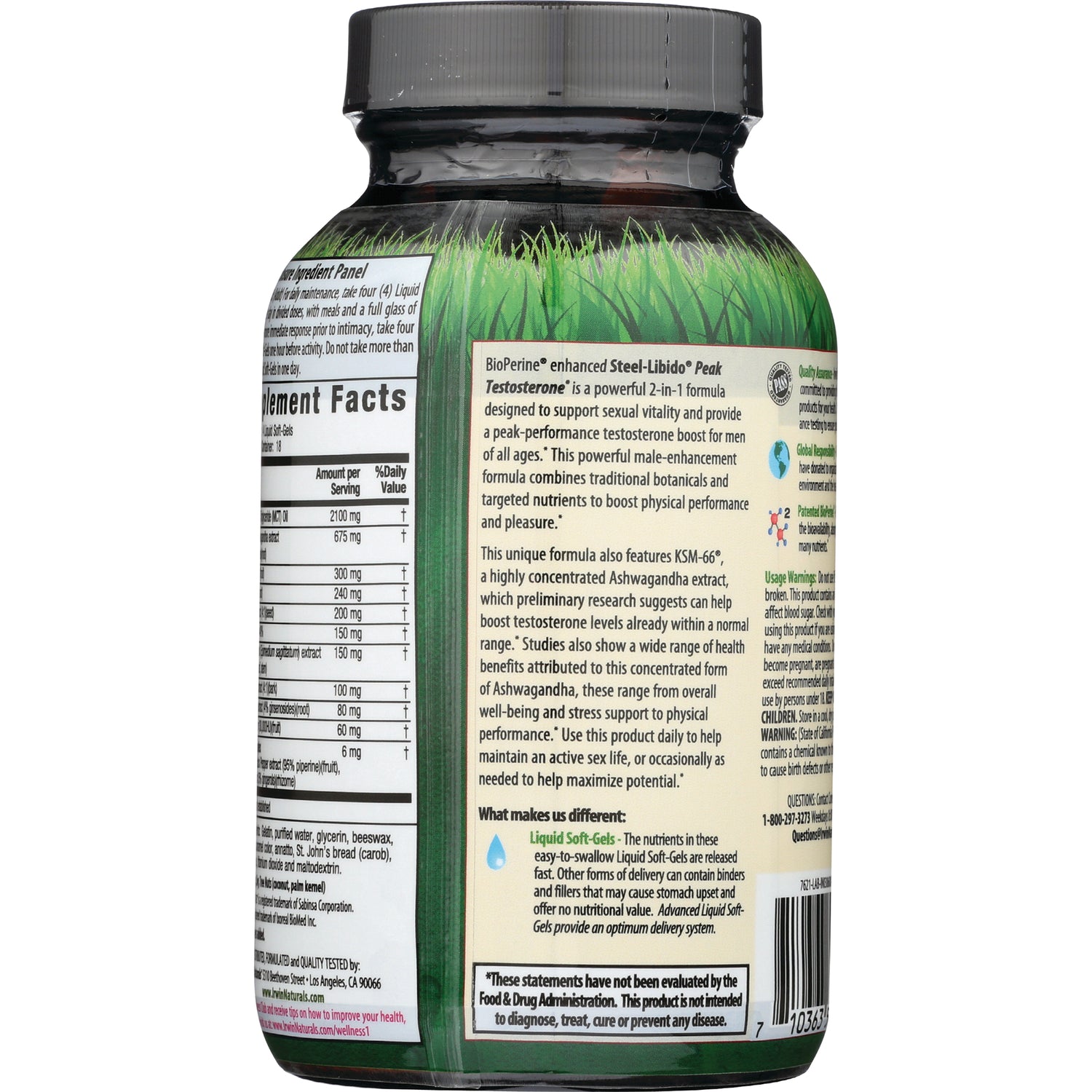 IR136 | Back of green supplement bottle showing supplement facts panel and product description