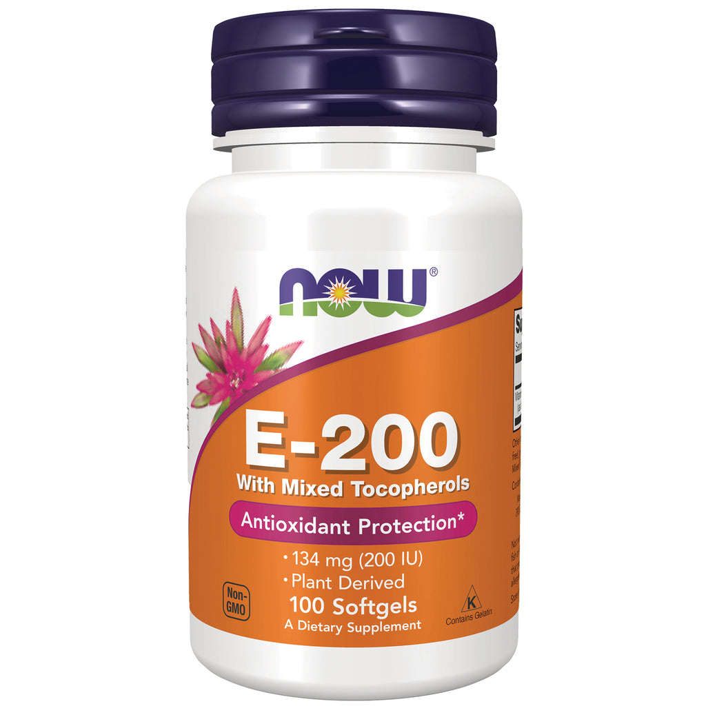 NWF817 | White bottle of NOW E-200 softgels labeled E-200 with mixed tocopherols Antioxidant Protection 100 softgels - Thumbnail