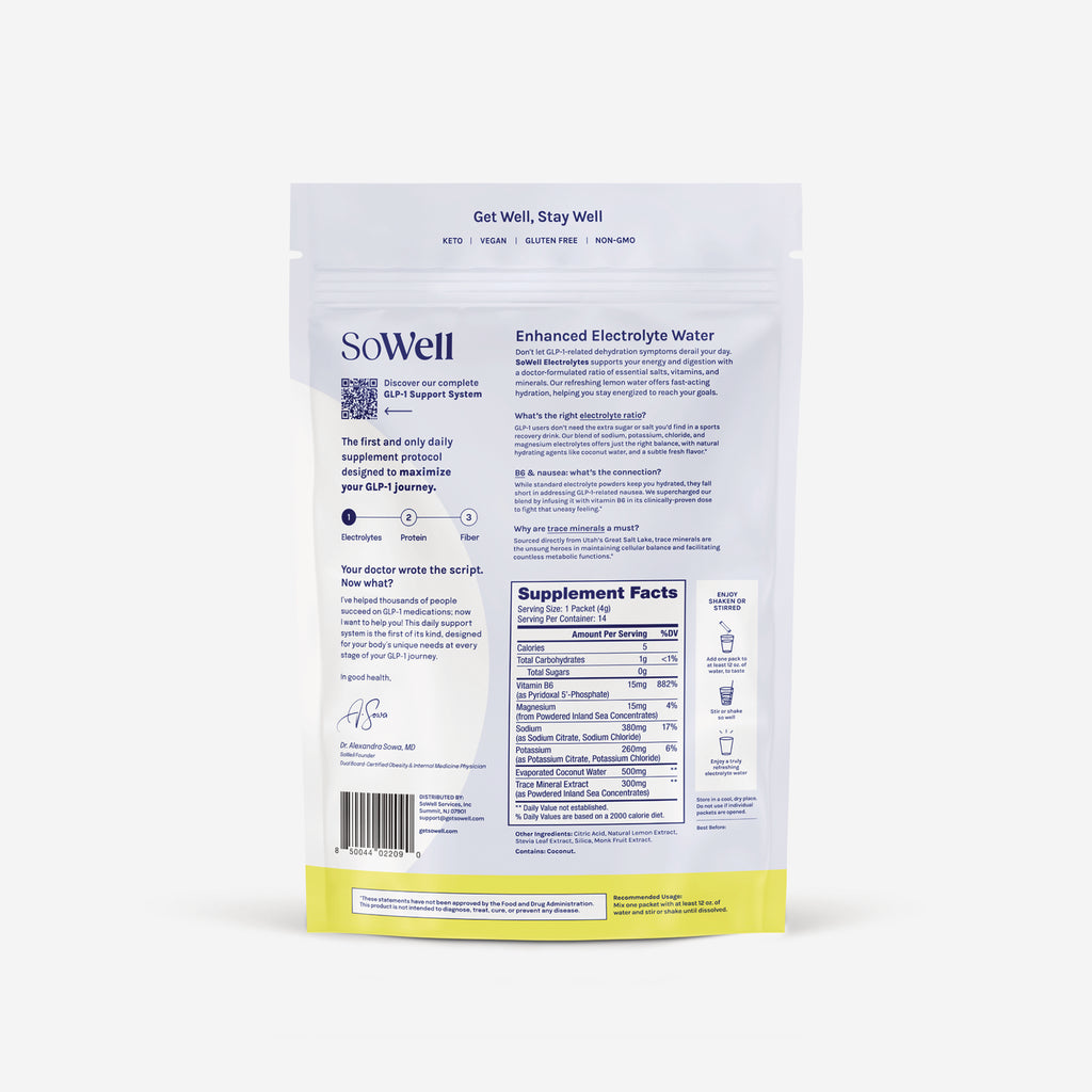 SOW001 | Back of SoWell Enhanced Electrolyte Water pouch with Supplement Facts and directions - Thumbnail