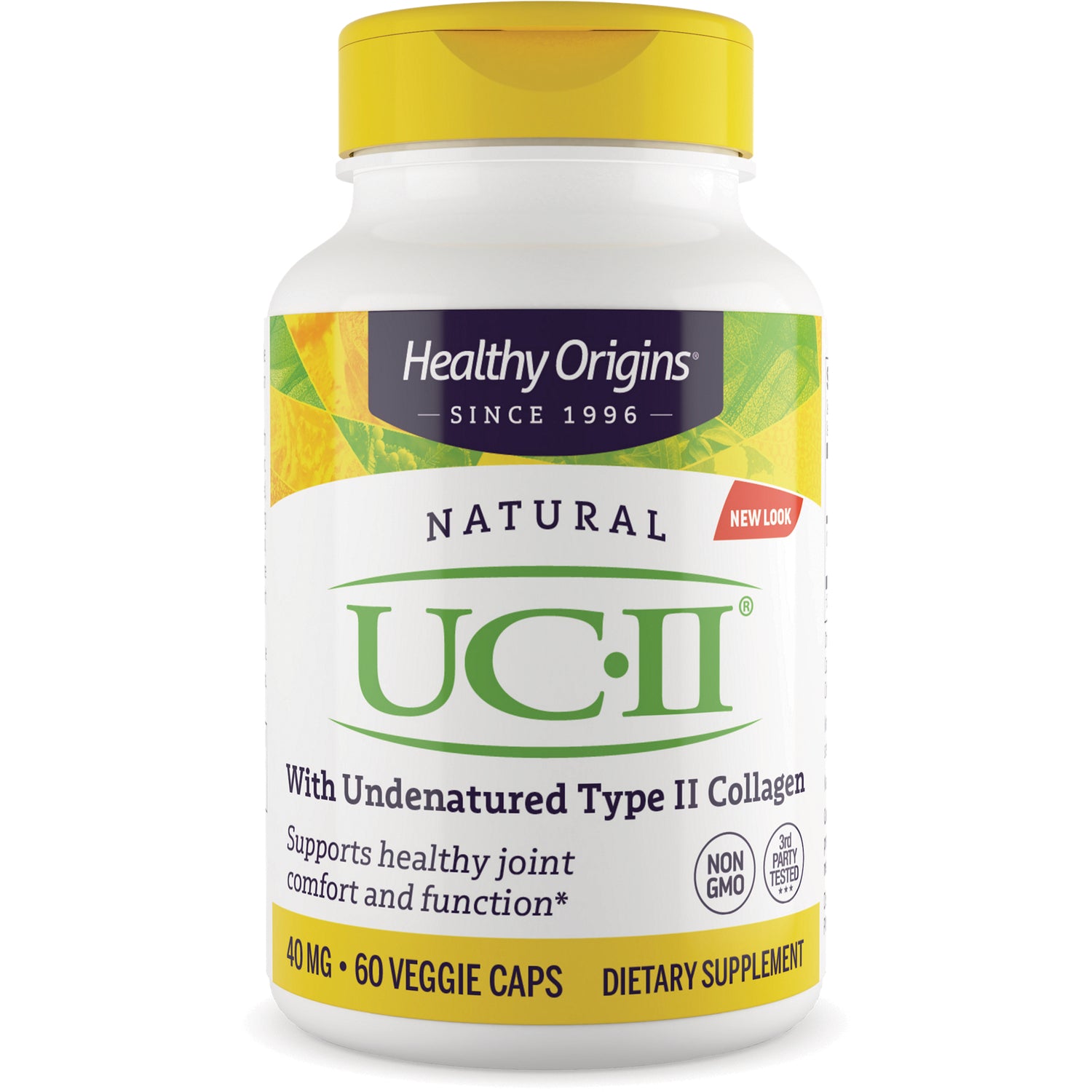 HRG200 | Healthy Origins white bottle with yellow cap labeled NATURAL UC-II undenatured Type II collagen 40 mg 60 veggie caps dietary supplement