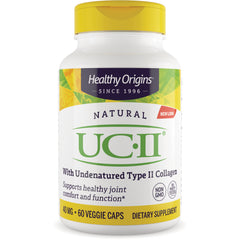 HRG200 | Healthy Origins white bottle with yellow cap labeled NATURAL UC-II undenatured Type II collagen 40 mg 60 veggie caps dietary supplement
