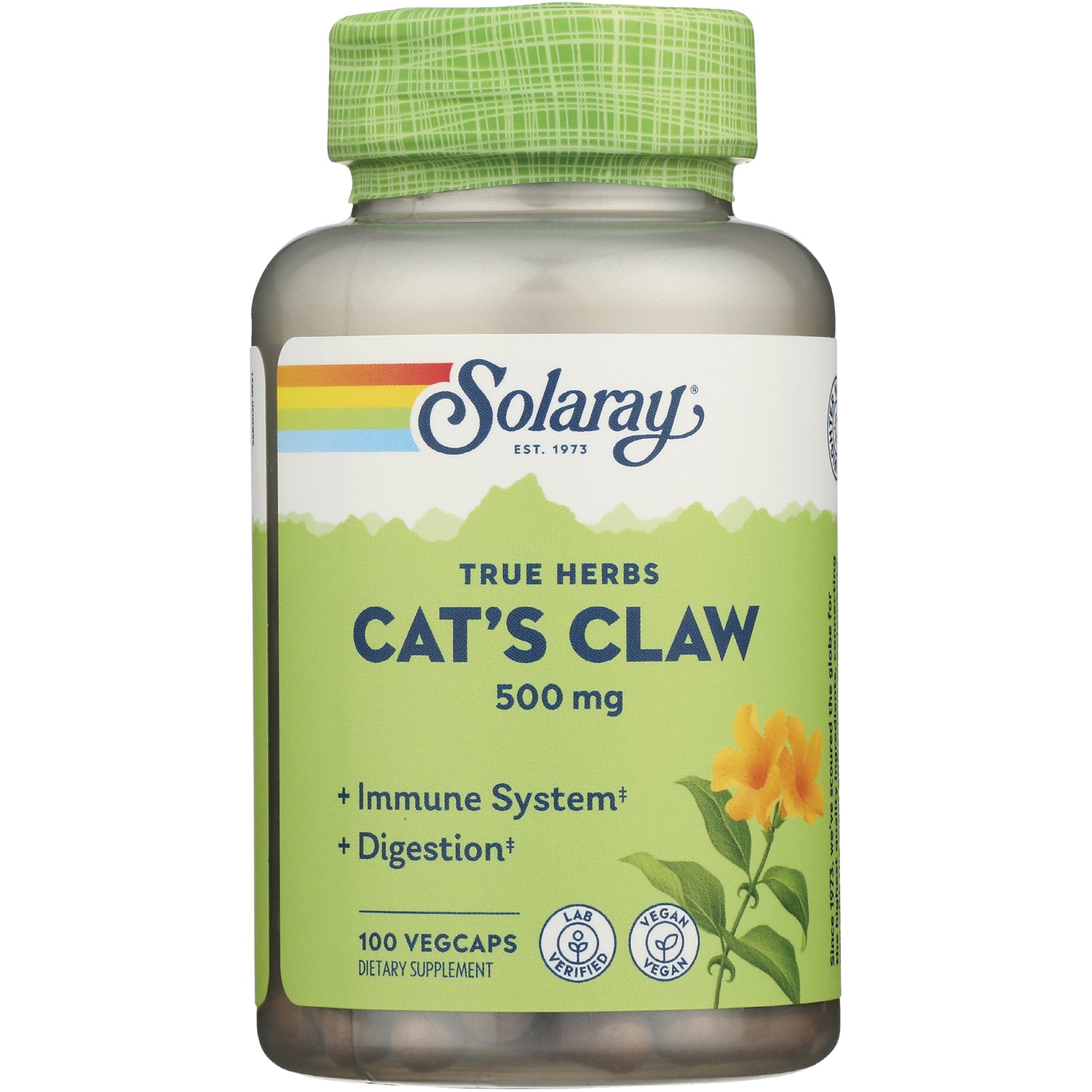 SLR338 | Solaray Cat's Claw 500 mg supplement bottle front label, 100 vegcaps