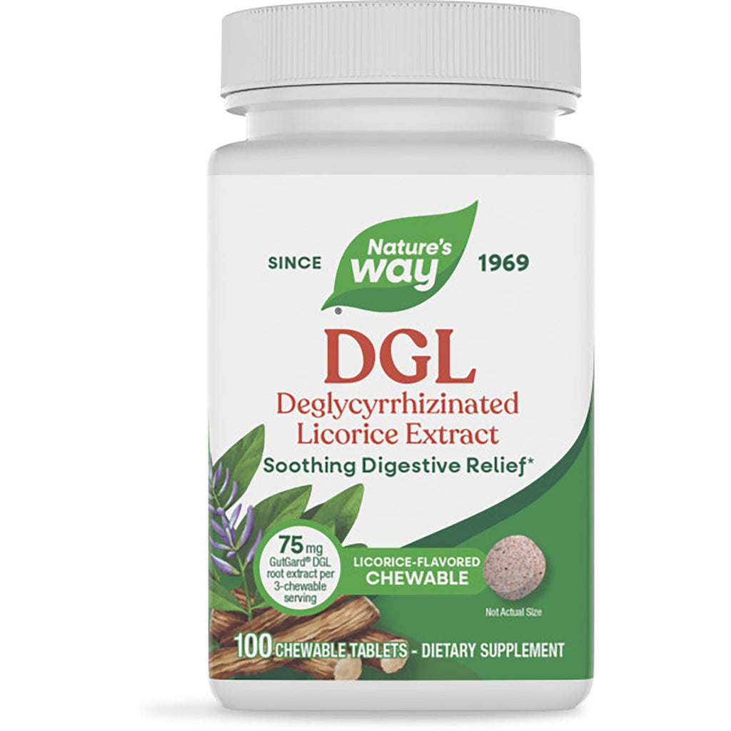 ET029 | Nature's Way DGL deglycyrrhizinated licorice extract bottle, 100 chewable tablets, licorice flavored - Thumbnail