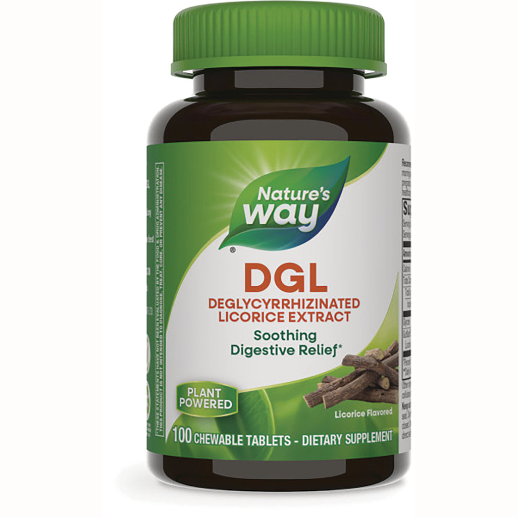 ET029 | Nature's Way DGL deglycyrrhizinated licorice extract bottle, 100 chewable tablets, licorice flavored - Thumbnail