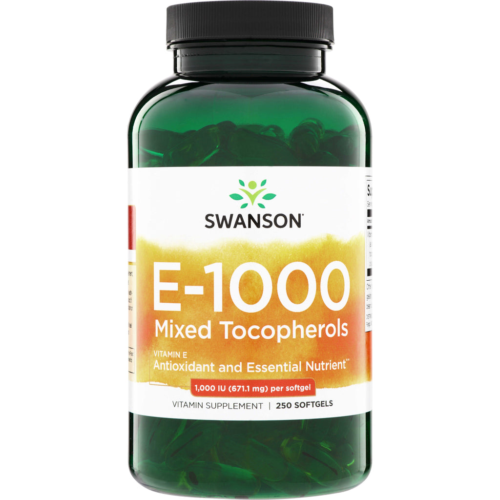 SW156 | Swanson E-1000 Mixed Tocopherols Vitamin E, 250 softgels, 1,000 IU per softgel bottle front - Thumbnail