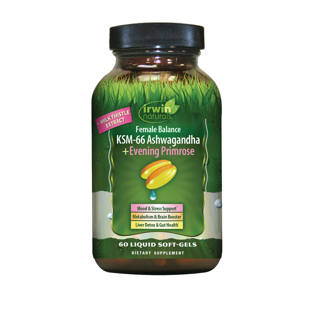 IR296 | Irwin Naturals Female Balance KSM-66 Ashwagandha + Evening Primrose bottle, 60 liquid soft-gels - Thumbnail