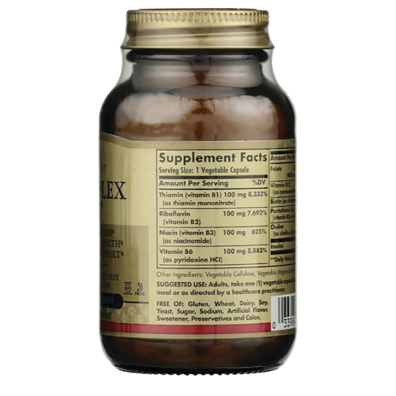Back of amber supplement bottle showing supplement facts label and barcode