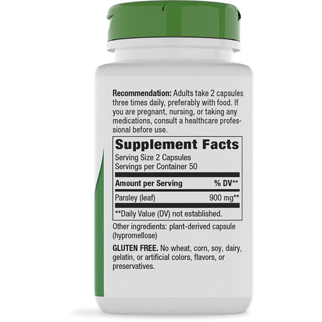 NW158 | Back label of supplement bottle showing Supplement Facts with serving size 2 capsules and Parsley (leaf) 900 mg - Thumbnail