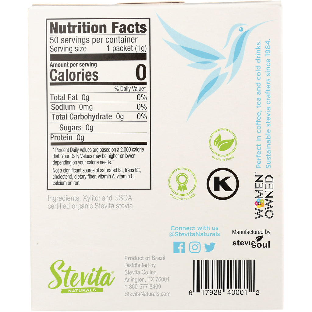 STV002 | Back of Stevita Naturals sweetener box with Nutrition Facts, Calories 0, 50 servings, gluten free, kosher - Thumbnail