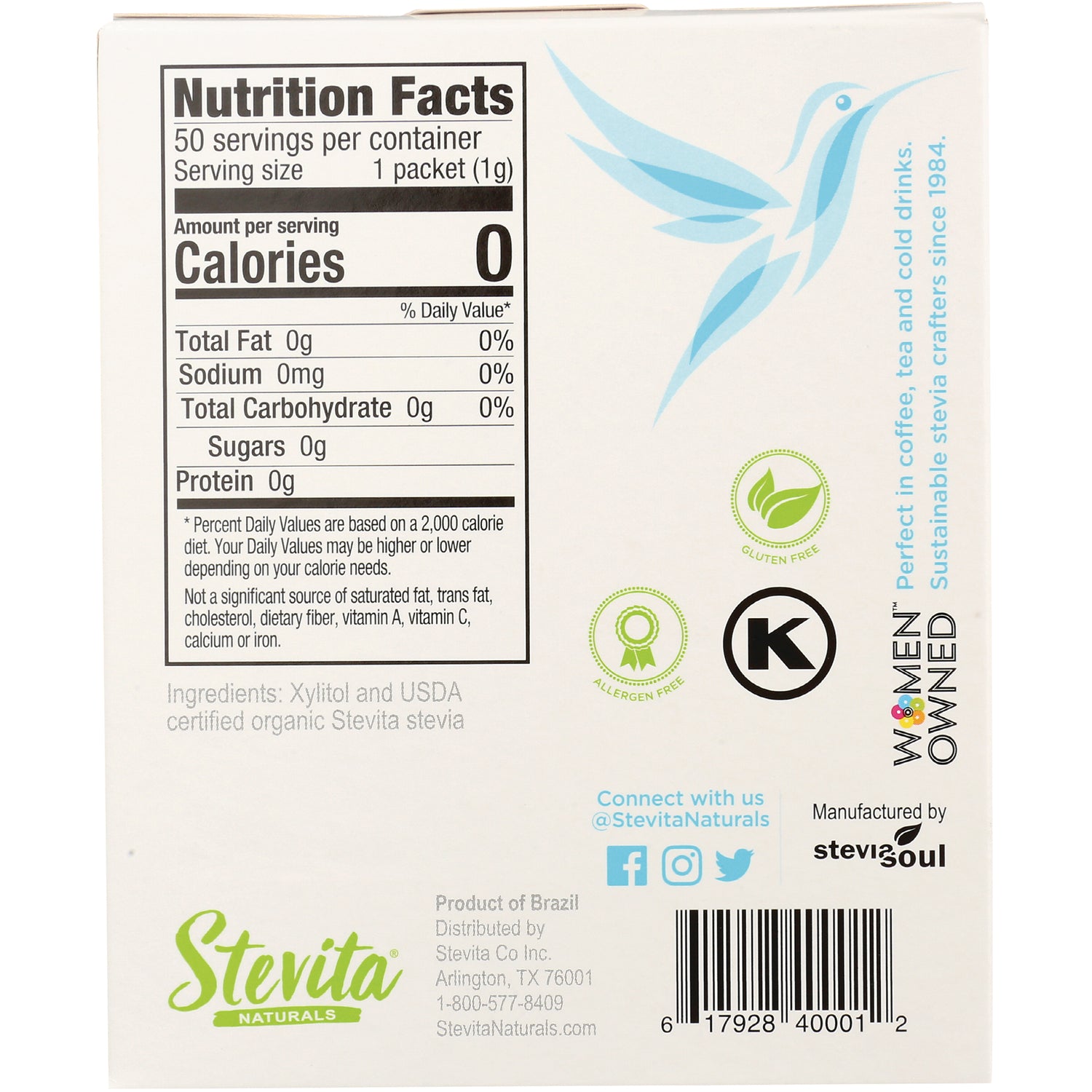 STV002 | Back of Stevita Naturals sweetener box with Nutrition Facts, Calories 0, 50 servings, gluten free, kosher