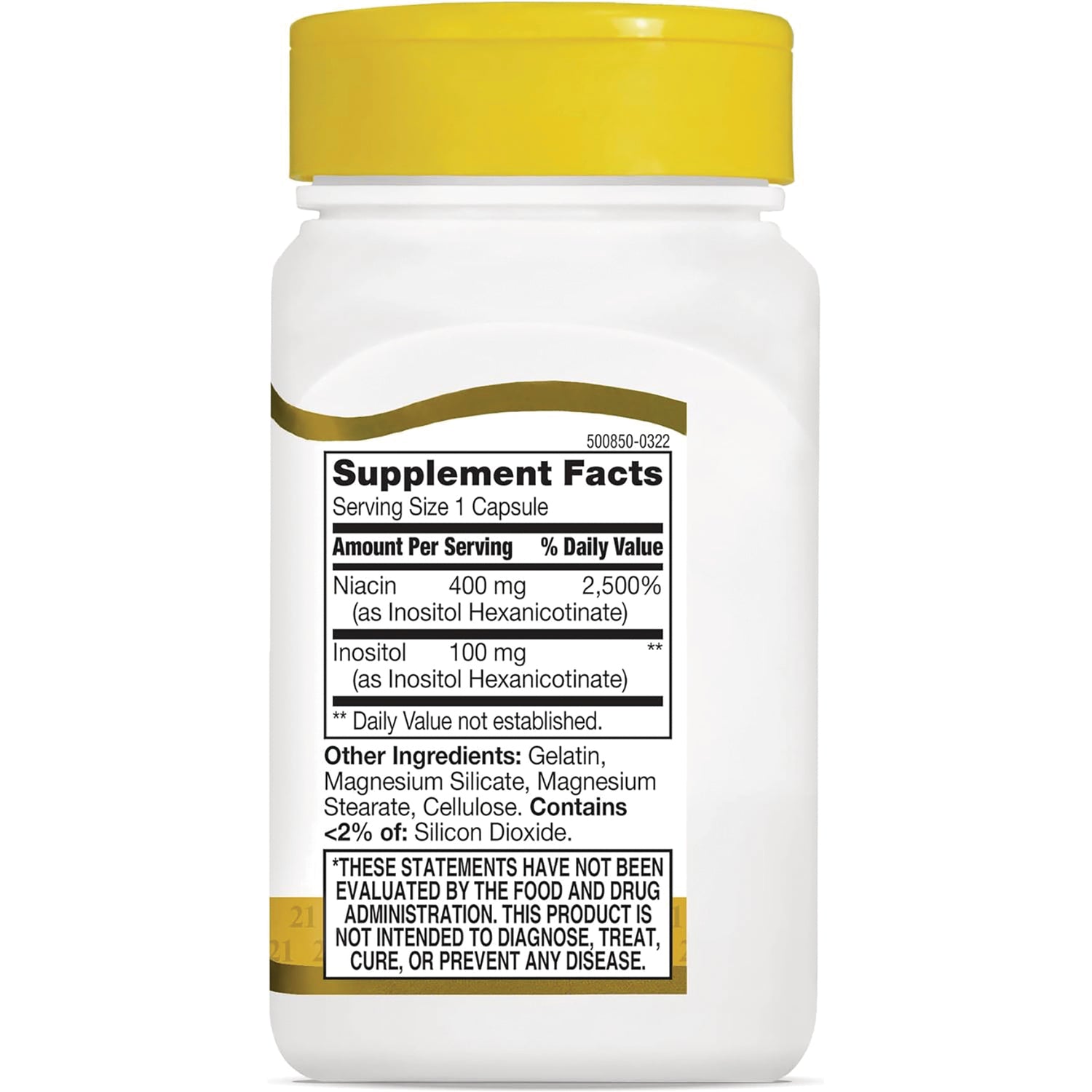 CNT110 | white supplement bottle back with yellow cap showing Supplement Facts panel with serving size and ingredients