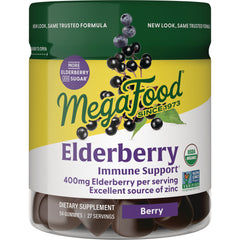 MGF106 | MegaFood Elderberry gummy jar front, berry immune support, 400mg per serving, USDA Organic and Non-GMO labels