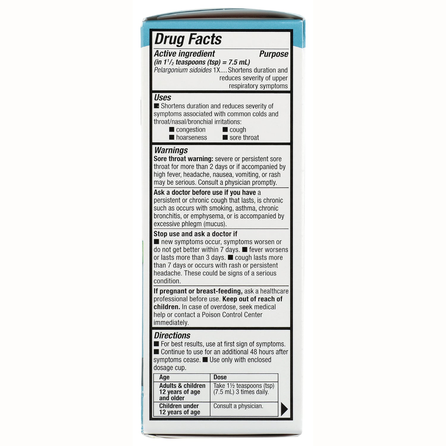 NW583 | Drug Facts panel showing active ingredient, uses, warnings, directions, and dosing table