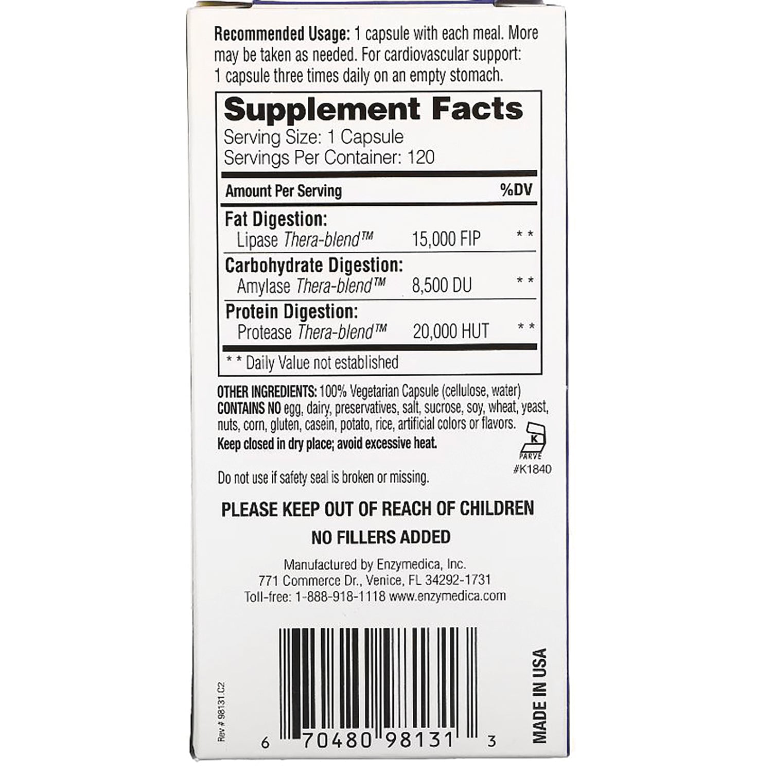EMD016 | back panel showing Supplement Facts, serving size 1 capsule, enzyme blend amounts, other ingredients and barcode