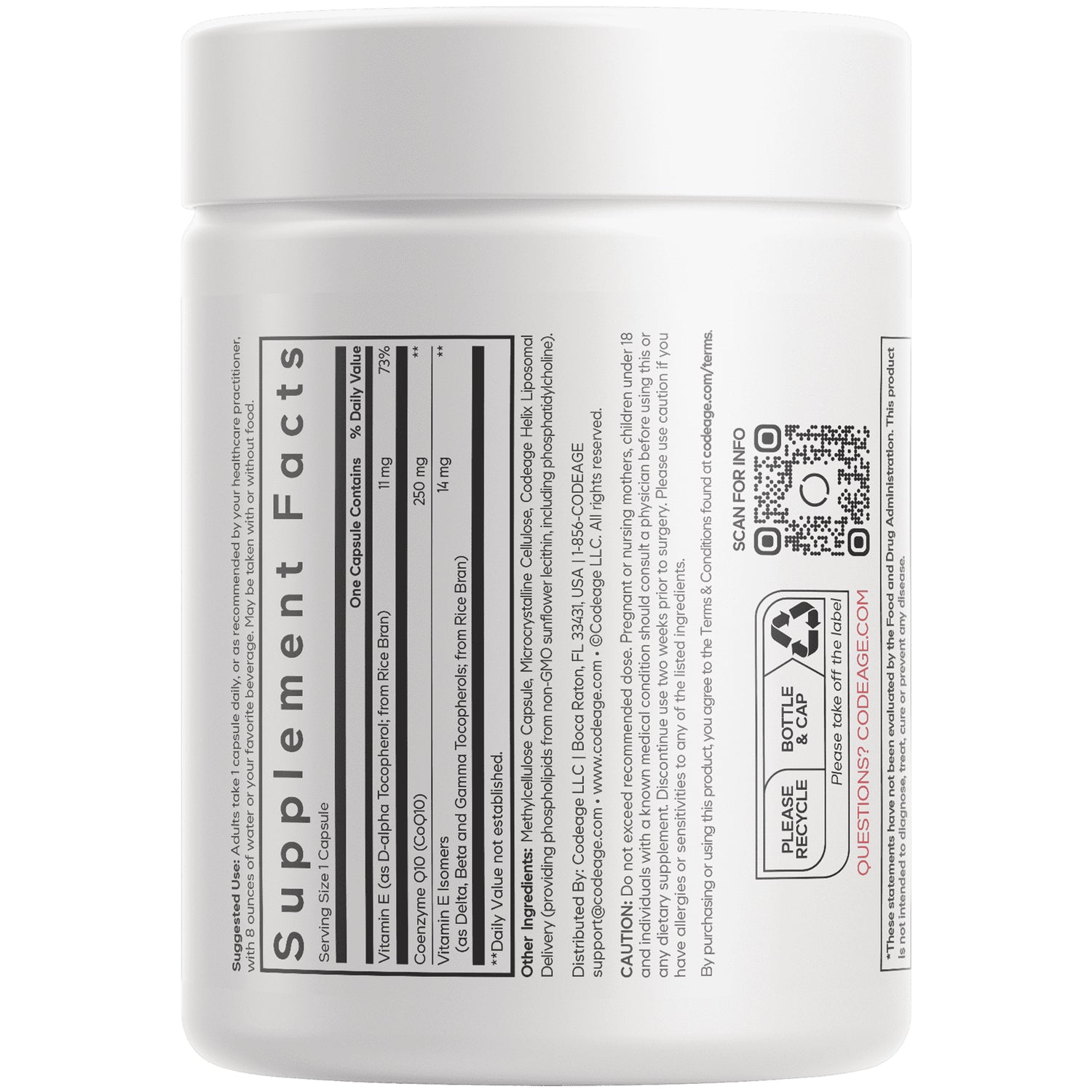 CDG061 | Back of white supplement jar showing Supplement Facts panel, ingredients, and QR code