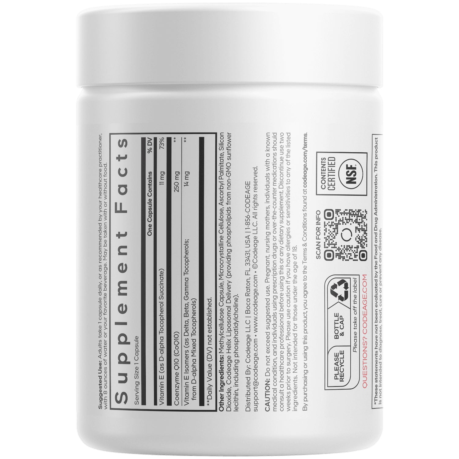 CDG061 | Back of white supplement jar showing Supplement Facts panel, ingredients, and QR code