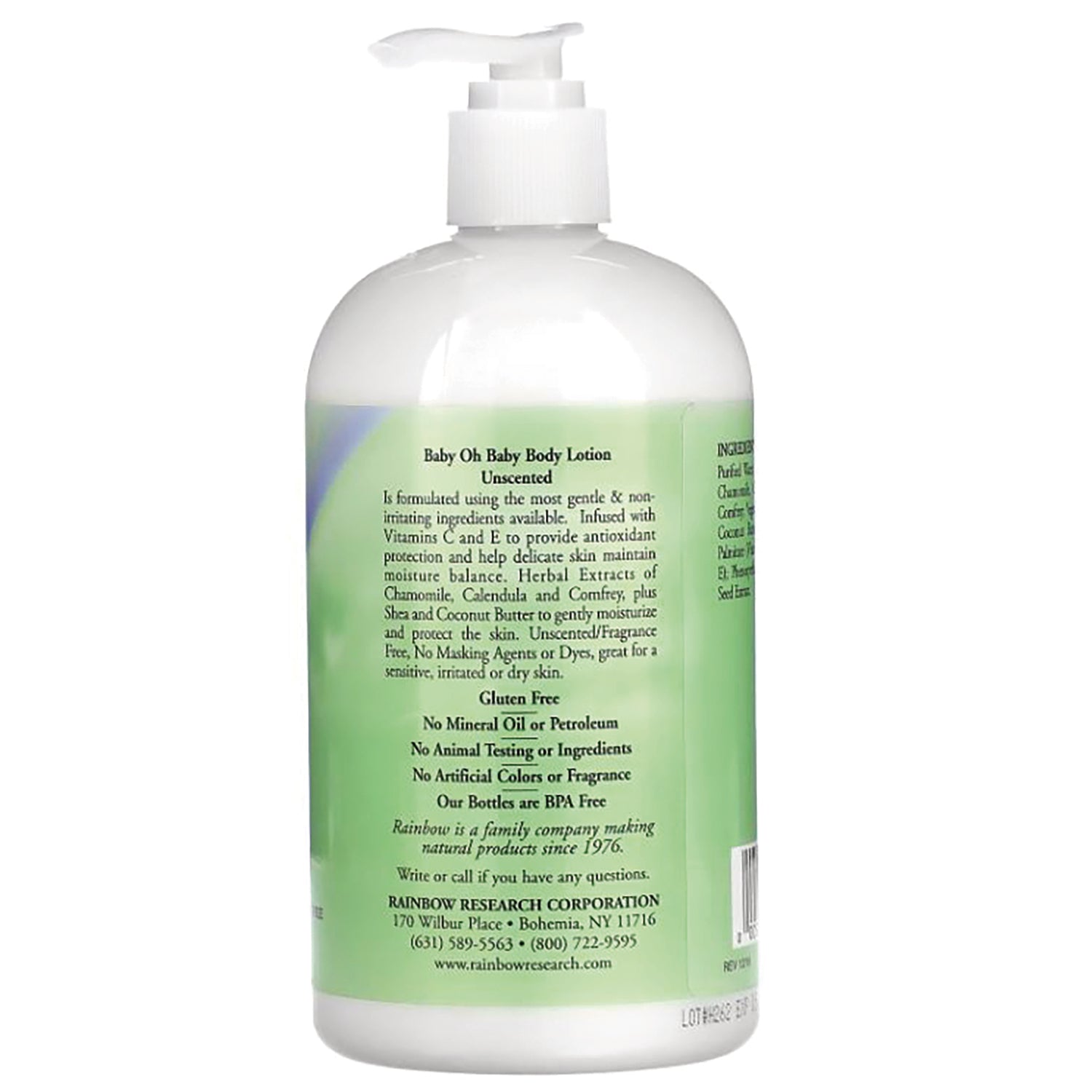 RBR002 | back label of white pump lotion bottle with green panel showing ingredients and company information