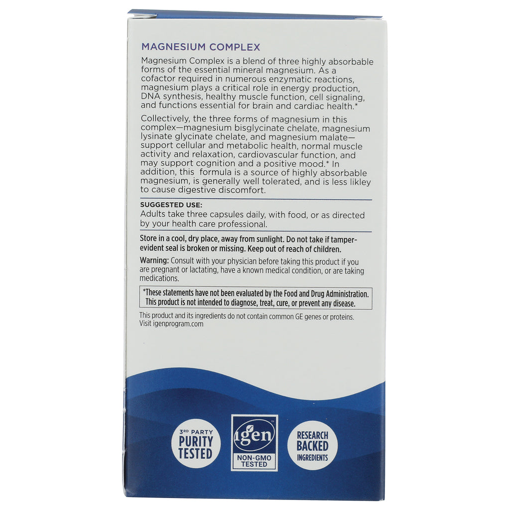 NRN114 | Back of supplement box for Magnesium Complex showing product description, suggested use, warnings, and certification icons - Thumbnail