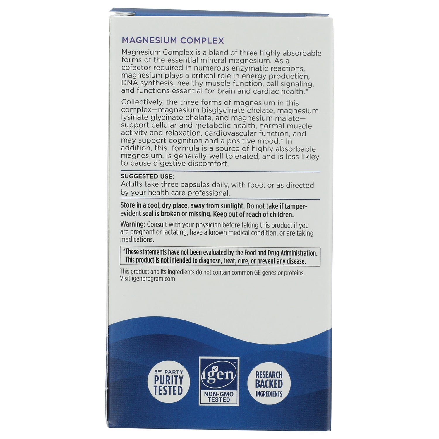 NRN114 | Back of supplement box for Magnesium Complex showing product description, suggested use, warnings, and certification icons