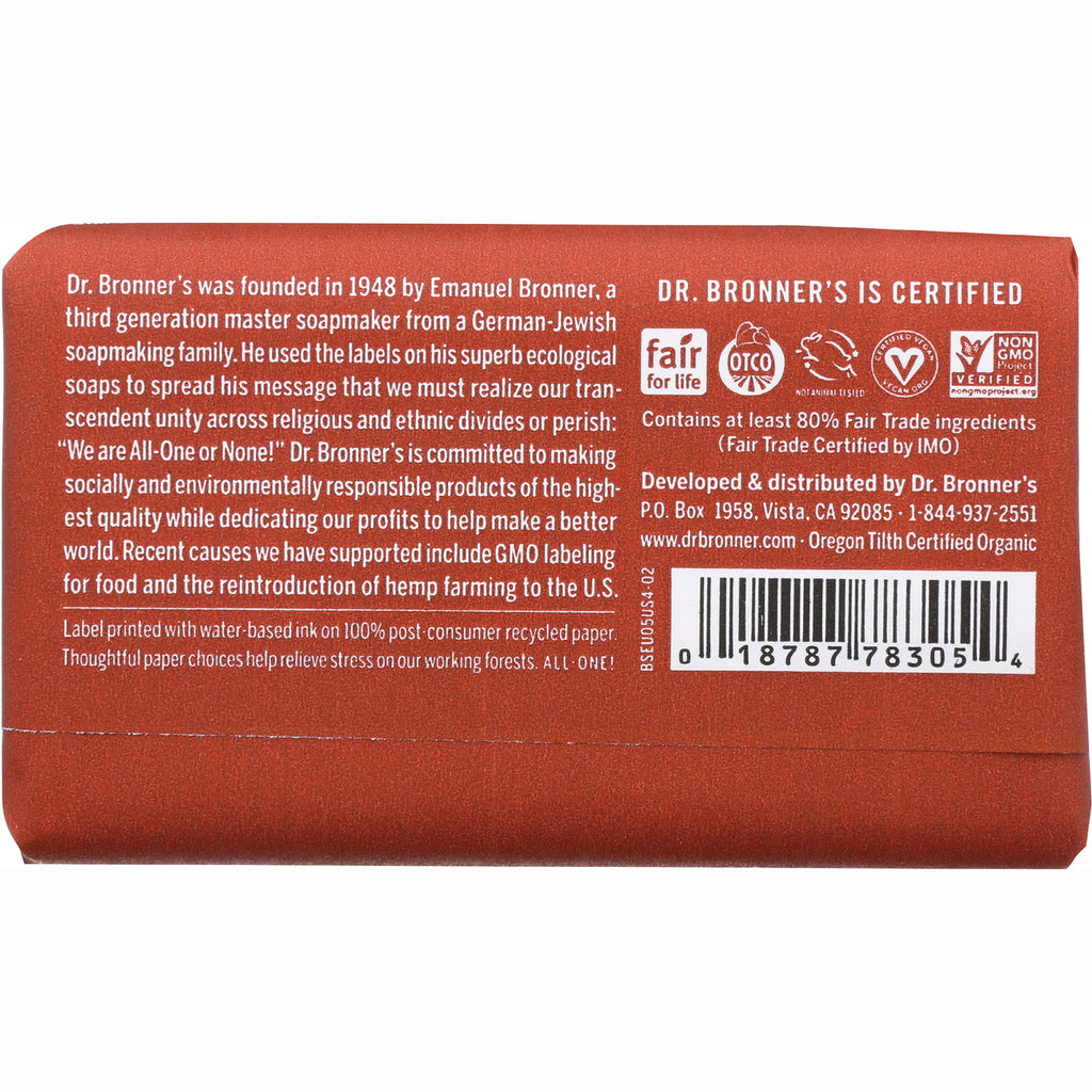 DRB002 | Back of red Dr. Bronner's soap wrapper with product history text, certification logos and barcode - Thumbnail