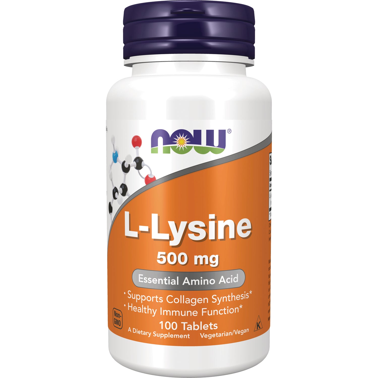 NWF832 | NOW L-Lysine 500 mg supplement bottle, 100 tablets, orange label