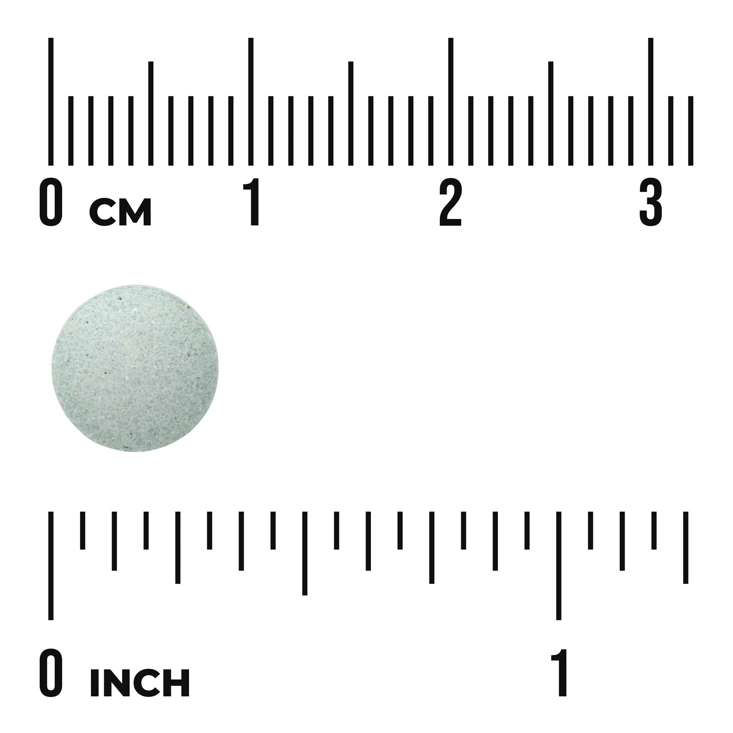 SWU427 | Round pale green tablet shown next to centimeter and inch rulers, text "0 cm" and "0 inch" visible
