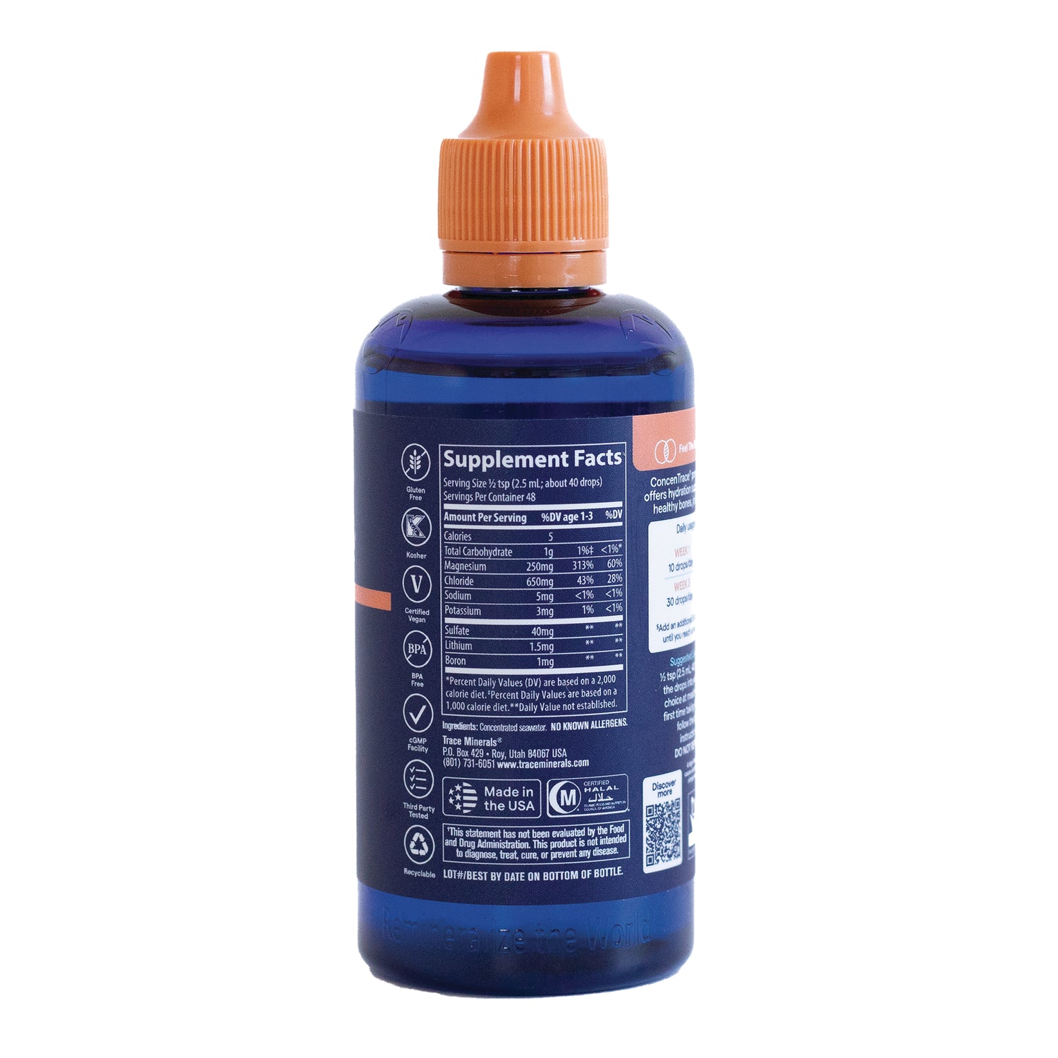 TM034 | Back of blue liquid supplement bottle with orange dropper cap showing Supplement Facts panel and certifications