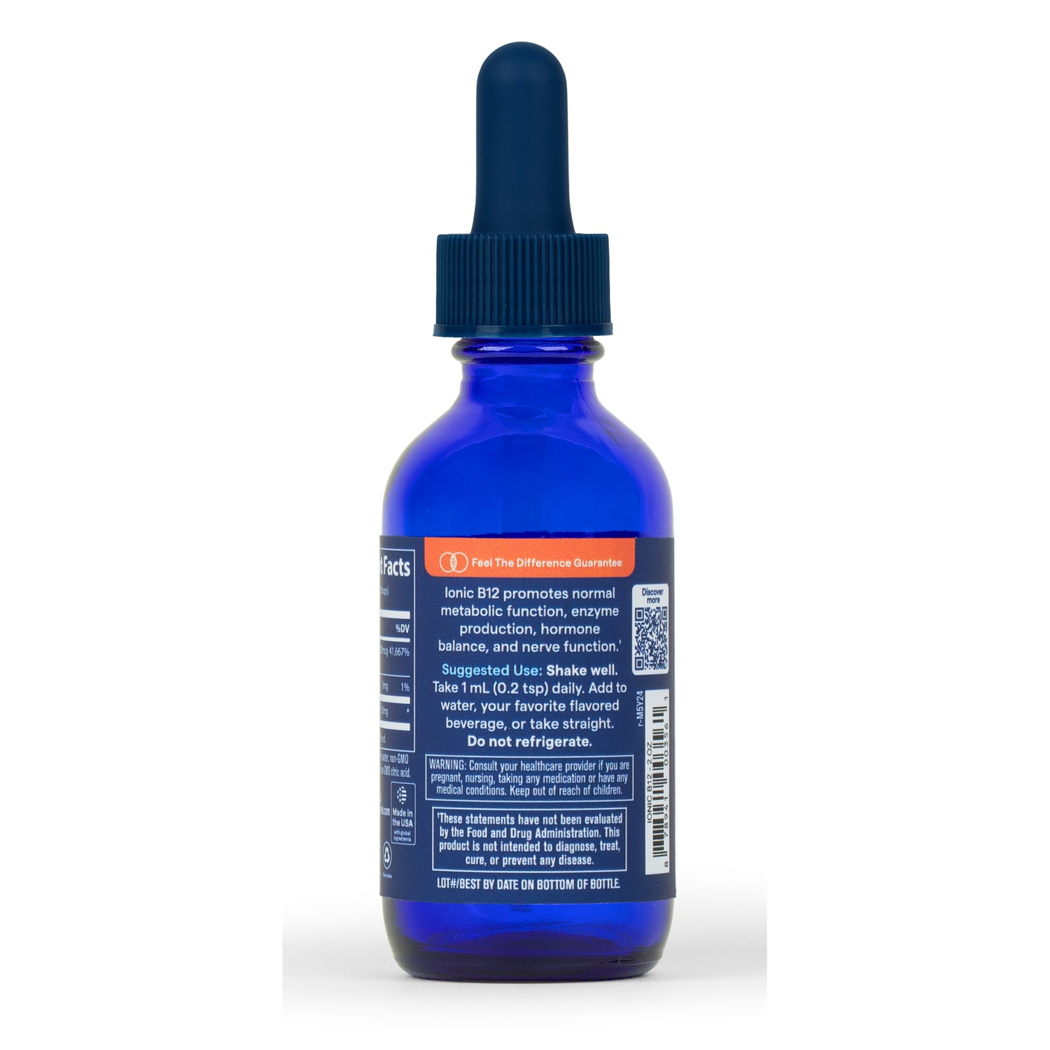 TM084 | Back label of blue dropper bottle with supplement facts and directions; includes text 'Do not refrigerate'