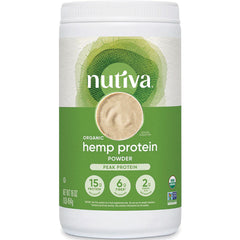 NTV014 | Nutiva organic hemp protein powder container with green label and 15g protein per serving