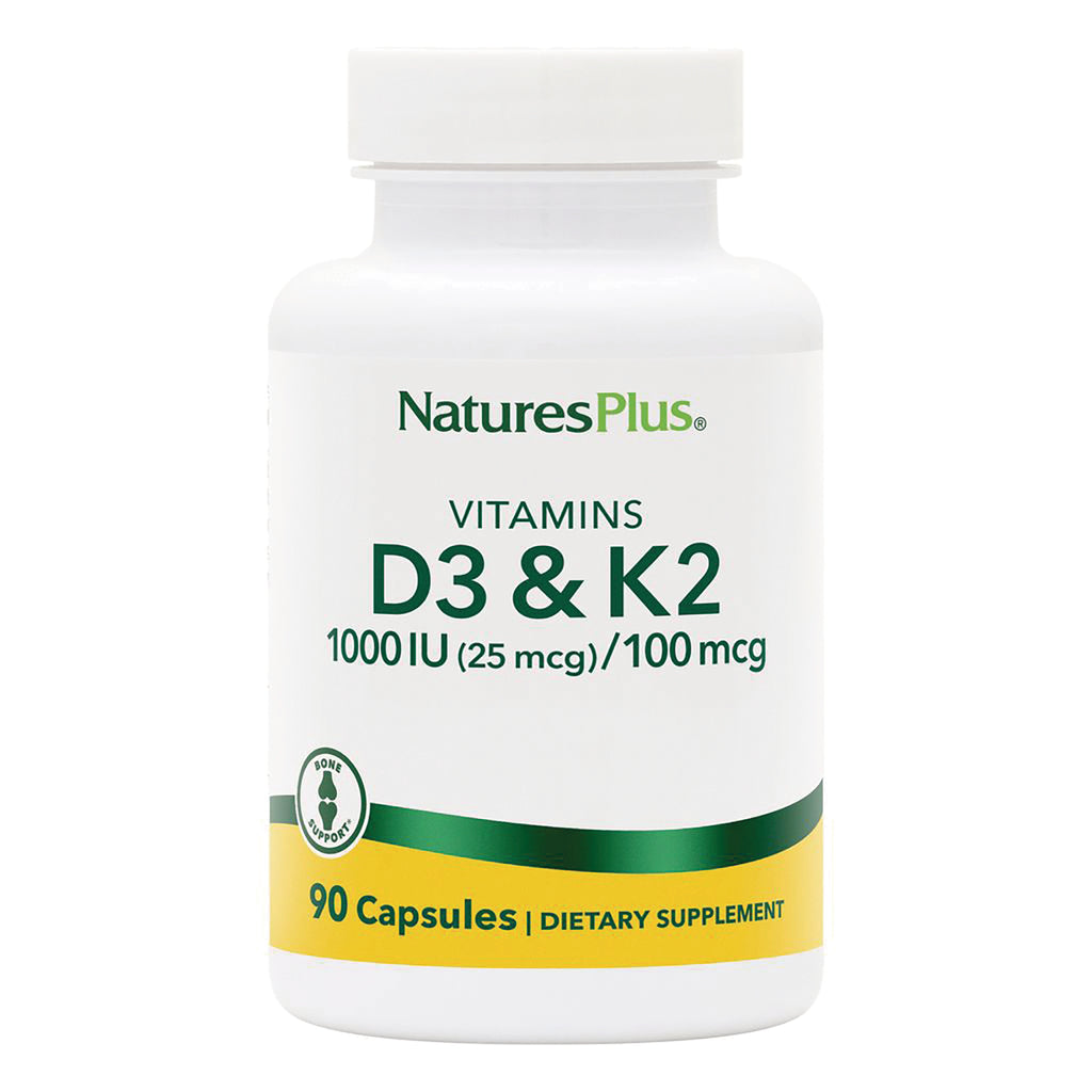 NTP108 | NaturesPlus bottle, Vitamins D3 & K2 1000 IU (25 mcg)/100 mcg, 90 capsules dietary supplement - Thumbnail