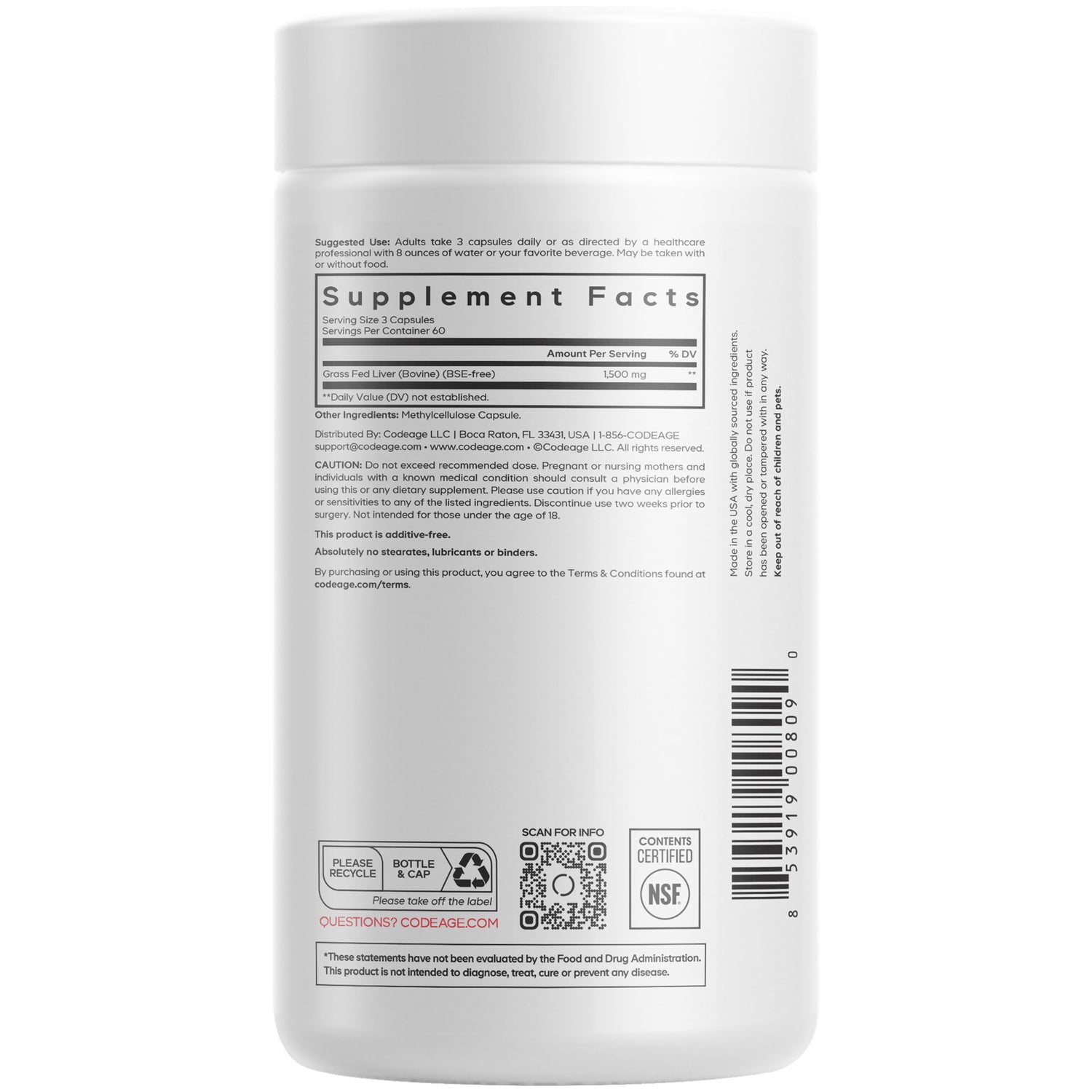 CDG023 | back label showing Supplement Facts panel, ingredient and caution text, barcode and recycle symbol