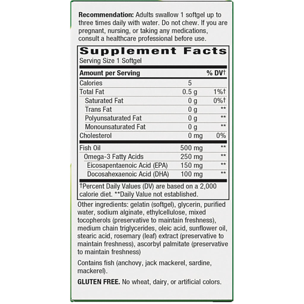 NW597 | Supplement Facts back panel for fish oil softgels; serving size 1 softgel; Fish Oil 500 mg; Omega-3 250 mg; GLUTEN FREE - Thumbnail