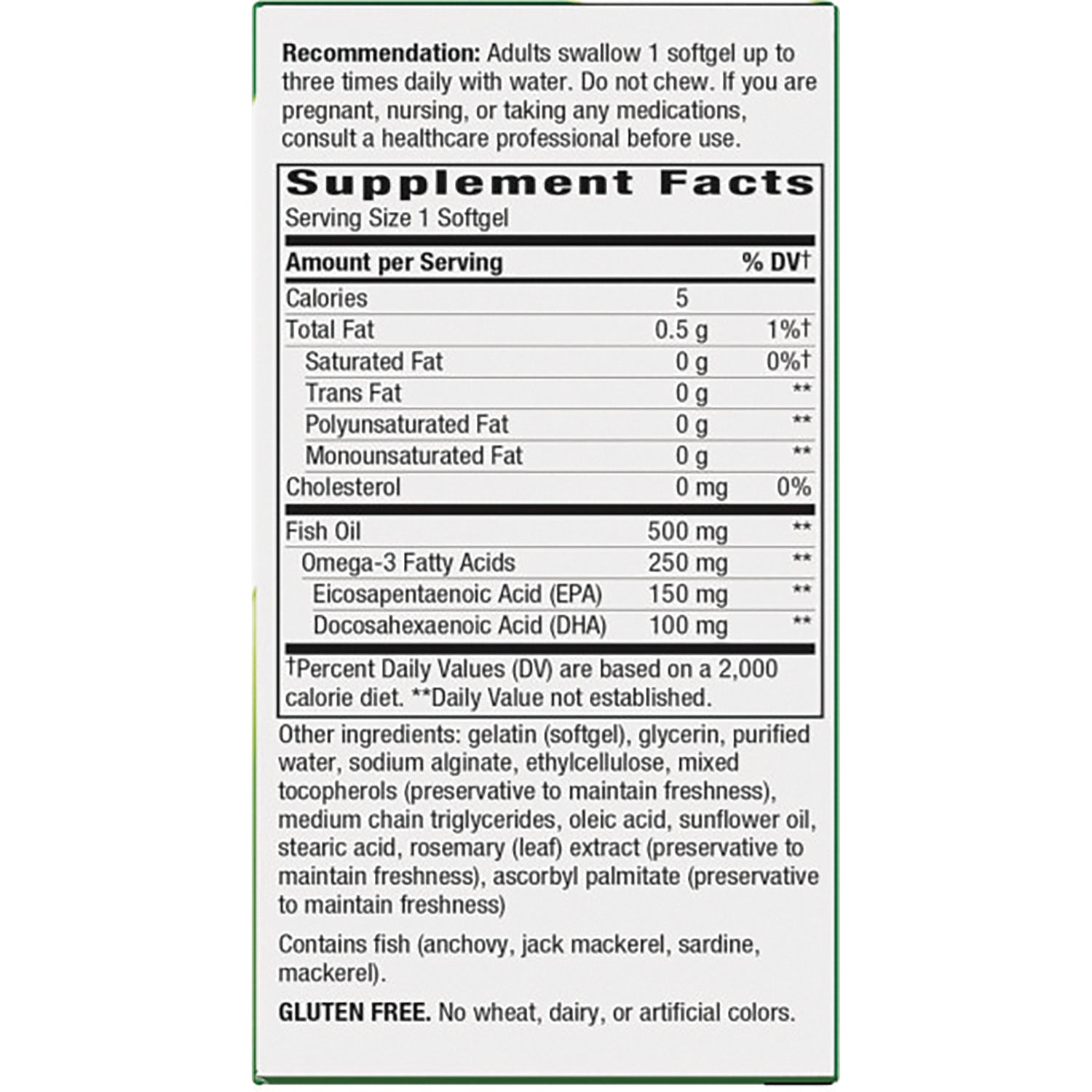 NW597 | Supplement Facts back panel for fish oil softgels; serving size 1 softgel; Fish Oil 500 mg; Omega-3 250 mg; GLUTEN FREE
