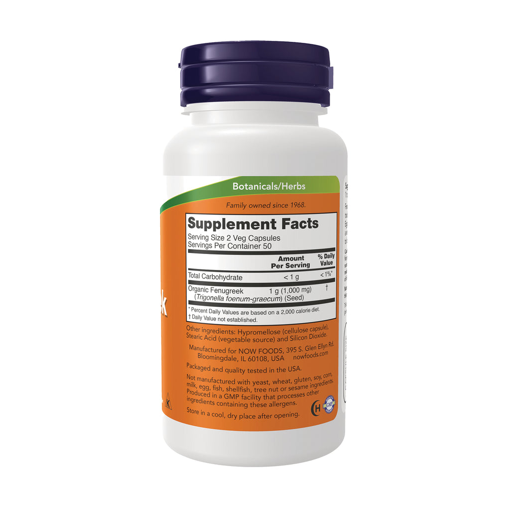 NWF541 | Back of white supplement bottle showing Supplement Facts label with serving size and organic fenugreek ingredient list - Thumbnail