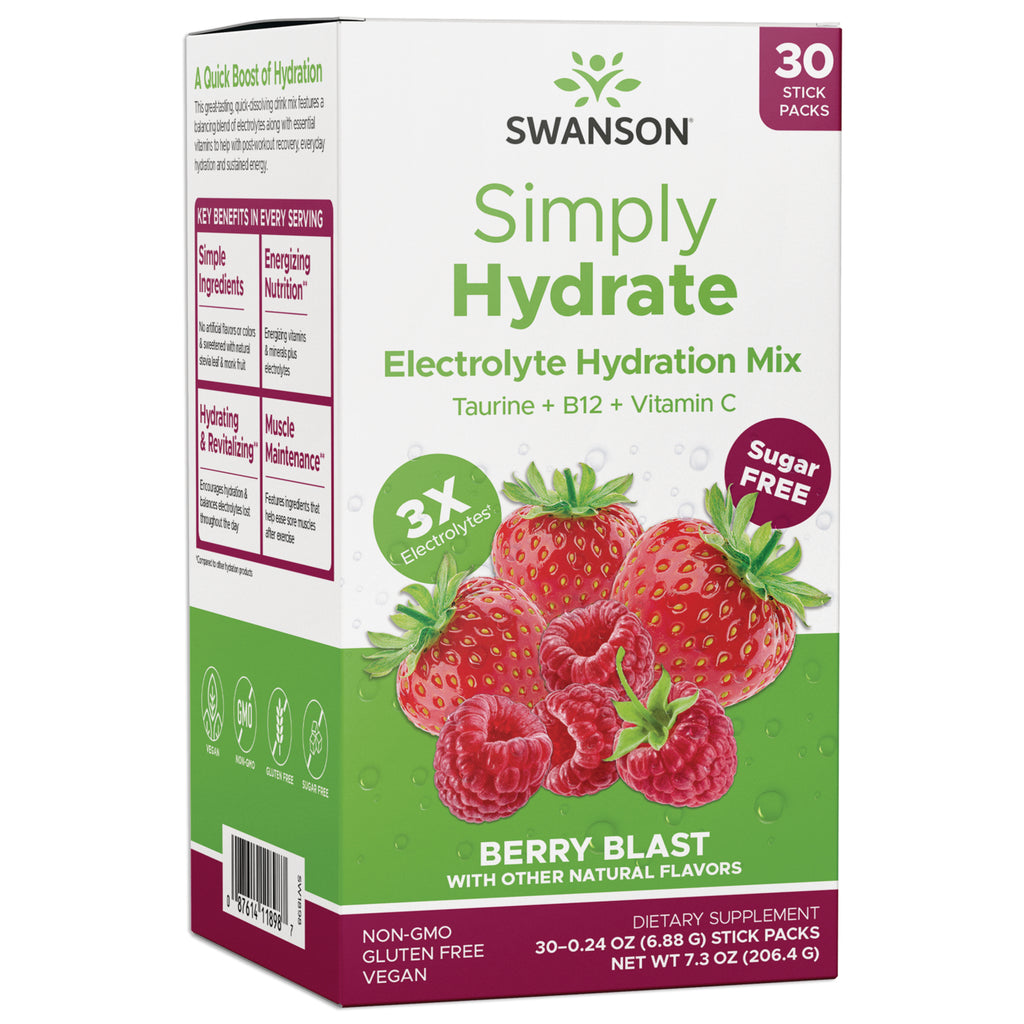 SW1898 | Swanson Simply Hydrate Electrolyte Hydration Mix Berry Blast, 30 stick packs, sugar free, 3X electrolytes - Thumbnail